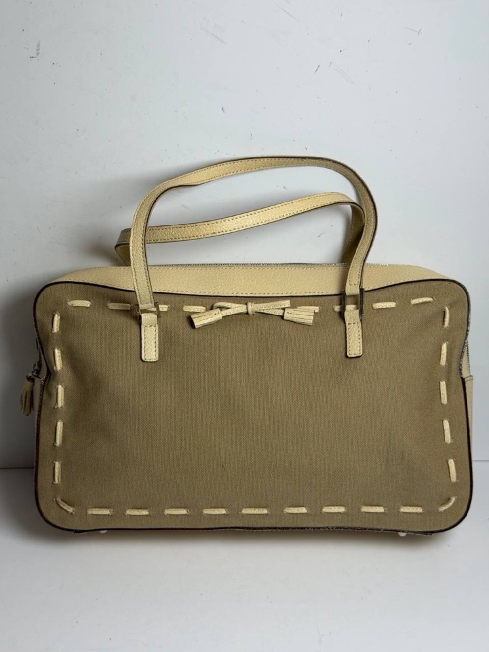 Anya Hindmarch Taupe Canvas Beige Leather Trim Handbag